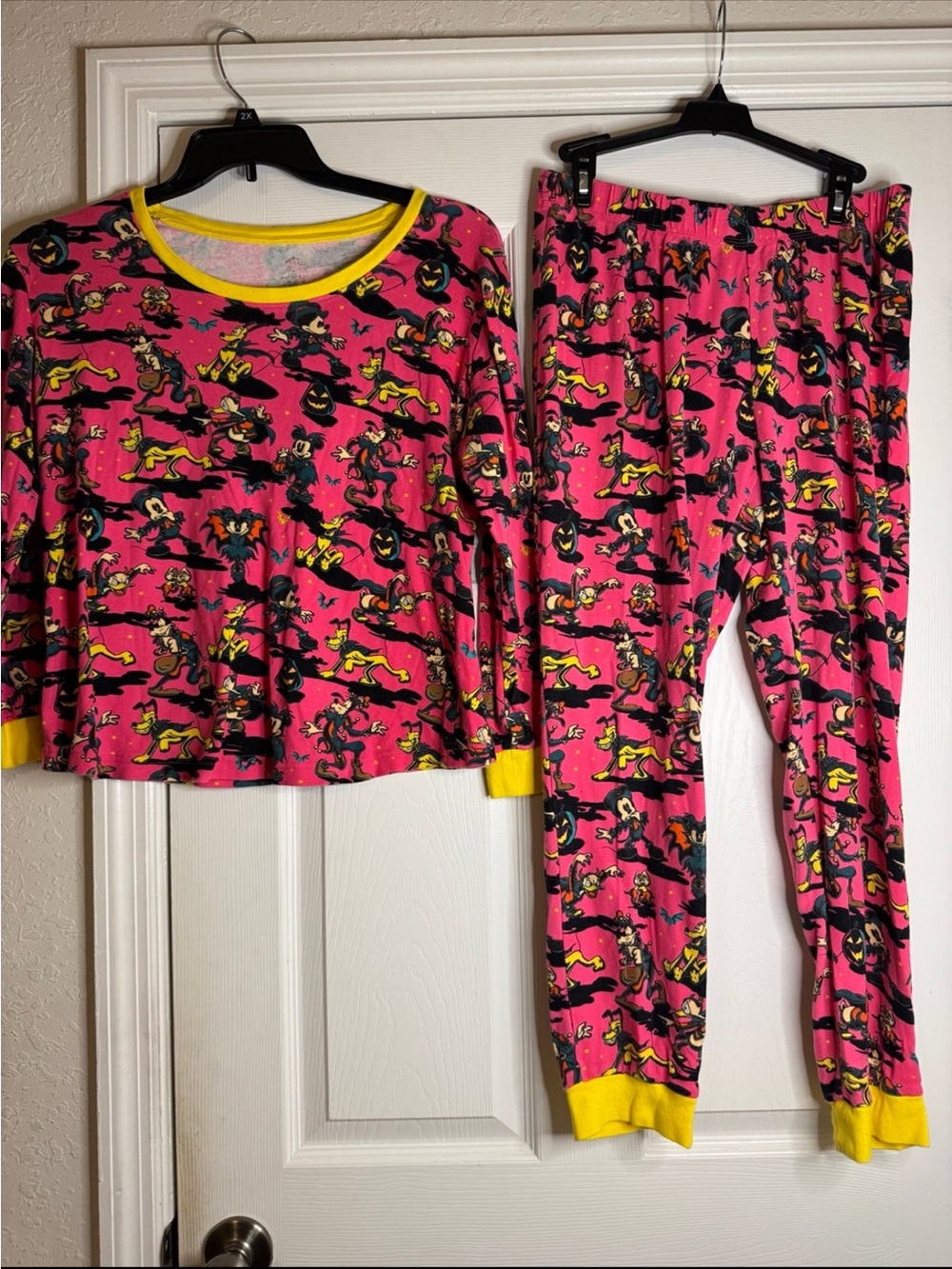 Disney Pink Character-Print Two-Piece Pajama Set with Yellow Trim